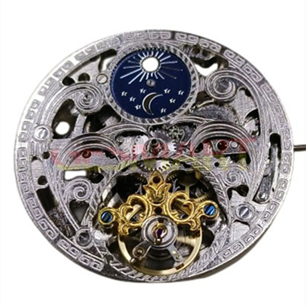China-made hollow automatic watch with mechanical movement, moon phase at 12, flywheel, and three hands for precise timekeeping.