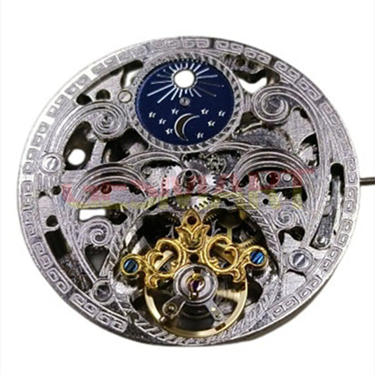 China-made hollow automatic watch with mechanical movement, moon phase at 12, flywheel, and three hands for precise timekeeping.