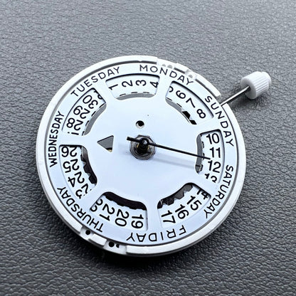 Swiss ISA 1198 watch movement with day-date feature, white dial, date at 3 o?clock.