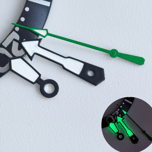 Black-trimmed white and green lume watch hands for NH35/36 movement, enhancing visibility and style.