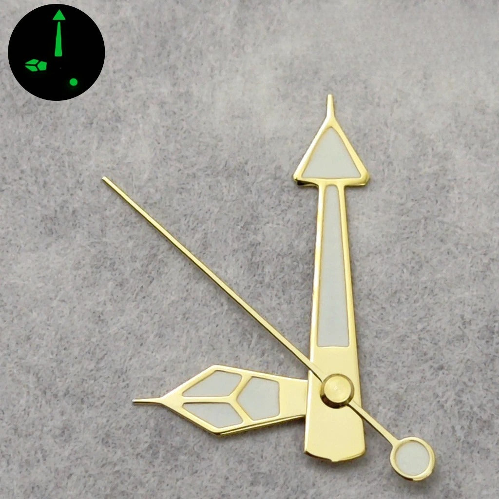 14mm golden trimmed green lume watch hands set for NH35, NH36, 4R36/35 movements, precise fit and glow