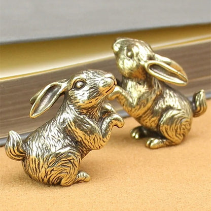 Solid copper rabbit figurine with vintage bronze finish, hand-carved detail, perfect desk decor