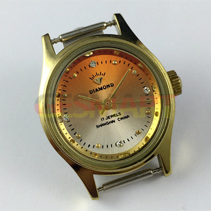 25mm Shanghai Diamond lady watch with orange oval dial, manual mechanical movement, 17 jewels.
