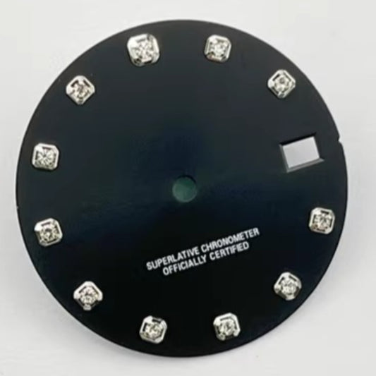 28.5mm black rhinestone watch dial for NH35A/4R35 movement, no logo, stylish accessory.