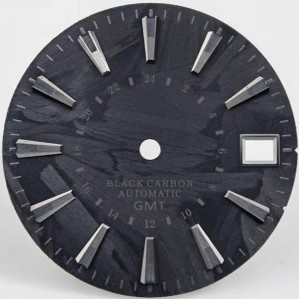 Trapezoid Nail Grey Font GMT watch dial, 28.5mm carbon fiber design with lume for NH34/35 movements.
