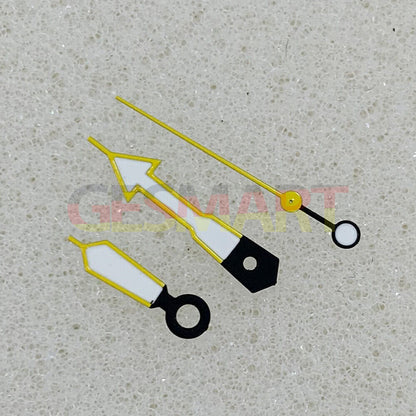 Arrow-shaped yellow trim luminous watch hands with green glow, compatible with NH35/NH36/4R/7S movements, enhancing visibility.