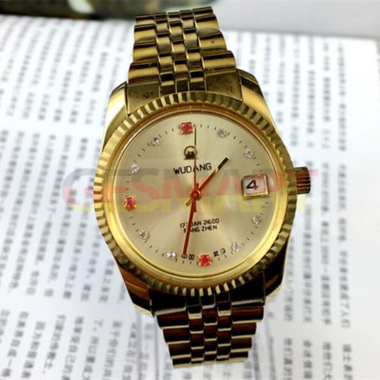 Wudang 38mm steel manual watch with golden dial, 17 jewels, single calendar, elegant design for daily wear.