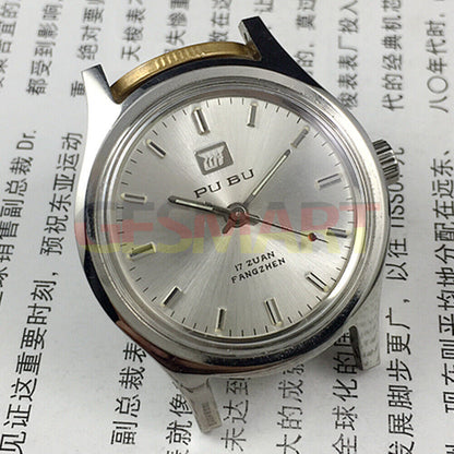 PUBU 32mm manual mechanical watch with grey dial and nail markers, 17 jewels, China made, stylish accessory