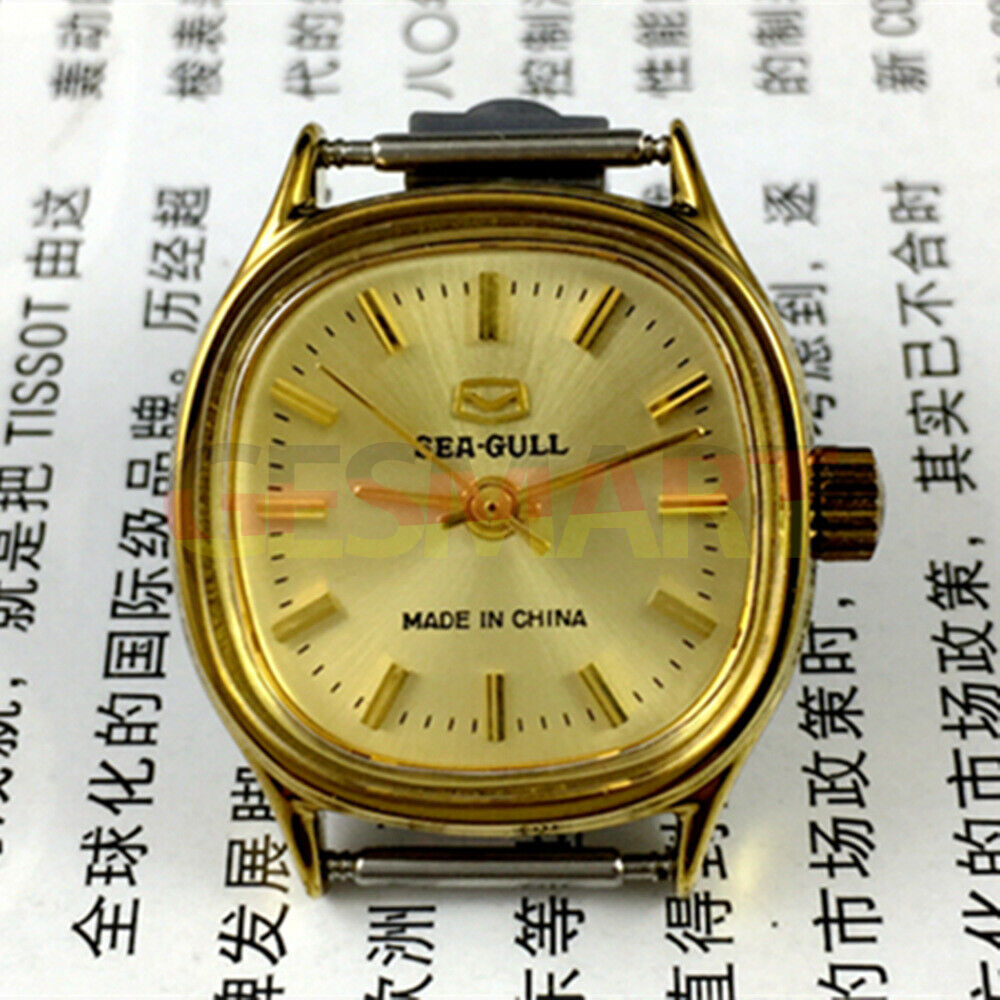 Tianjin Seagull 27mm gold square lady watch with nail hour markers, manual mechanical movement, elegant design