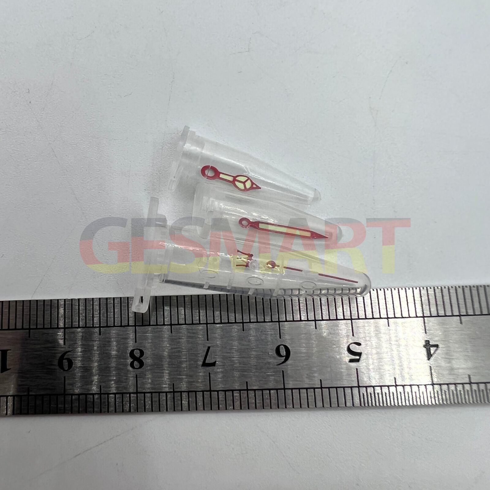 Red Fork watch hands with red trim and green lume, compatible with NH35 NH36 SKX007 SBBN models.