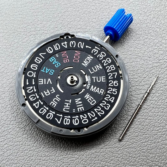 Seiko NH36A watch movement with black day wheel and English font, crown positioned at 3 o'clock