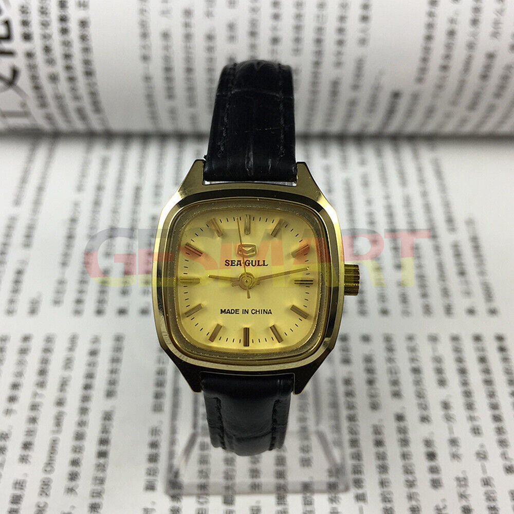 27mm golden square ladies watch by Tianjin Seagull featuring mechanical movement and elegant design.