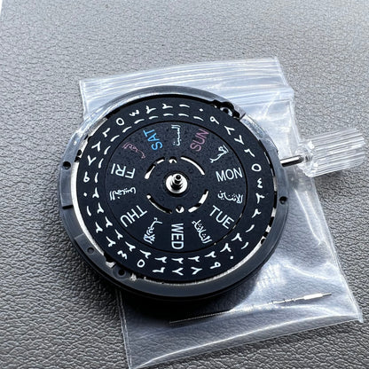 Seiko NH36 watch movement with black dial, Arabic numerals, date display, crown at 3:00 position