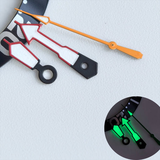 Red-trimmed white and orange watch hands with green lume for NH35/36 movement, enhancing visibility and style.