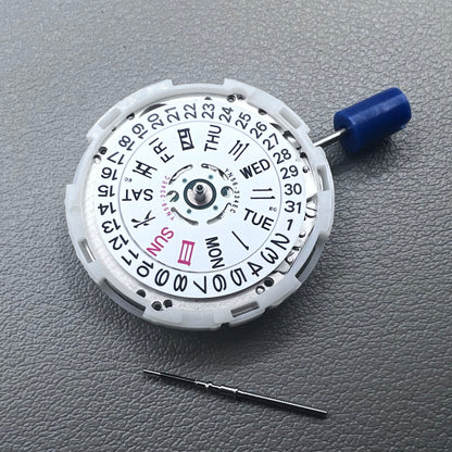 Japan Epson YN56 mechanical watch movement showing date and day display at 3 o'clock, precise and reliable.