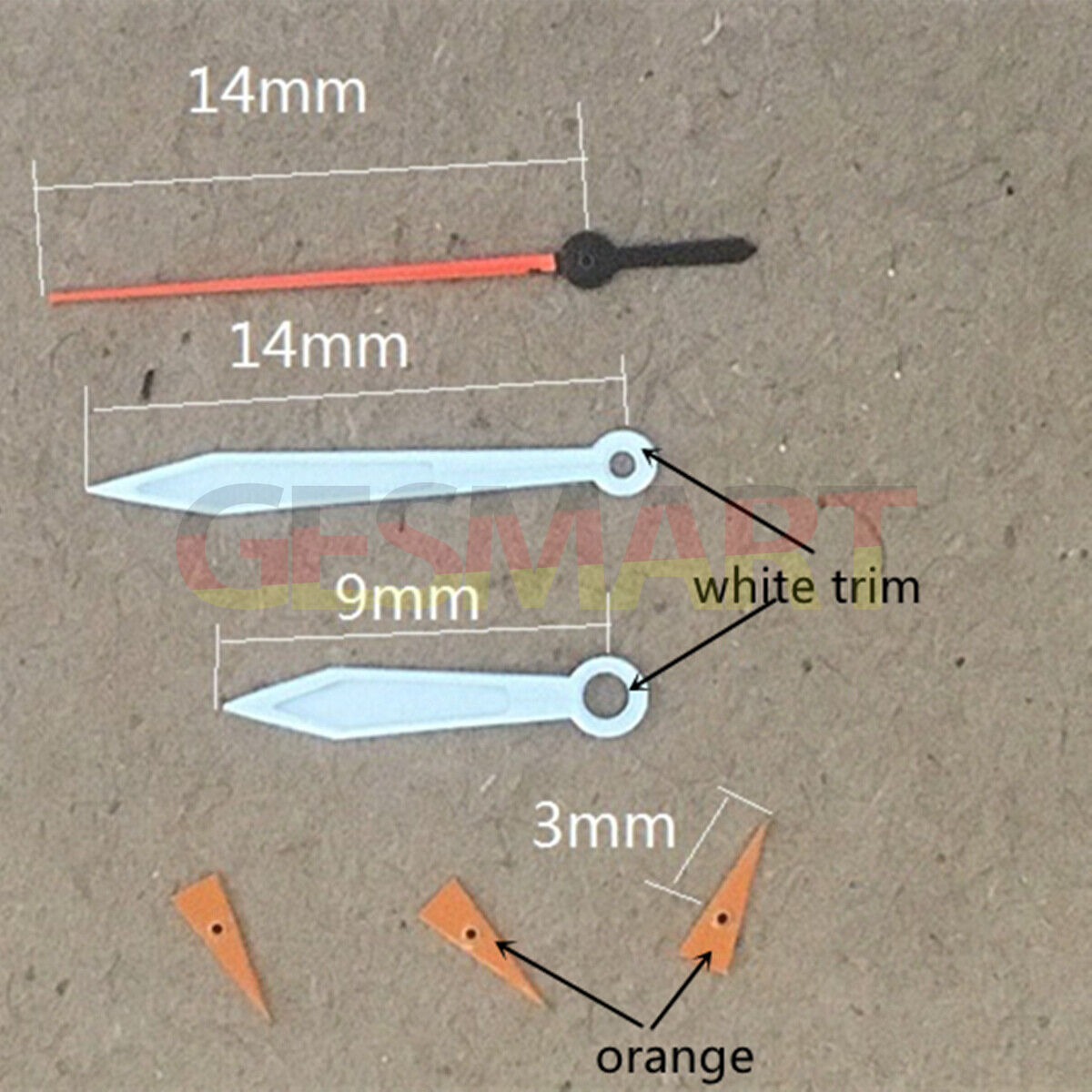 White arrow-shaped 14mm watch hands with trim design for Miyota OS10/20/60/80.