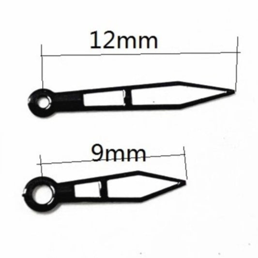 Black trim green lume watch hands, 9x12mm, compatible with Ronda 763 762 751 1062 1063 movements.