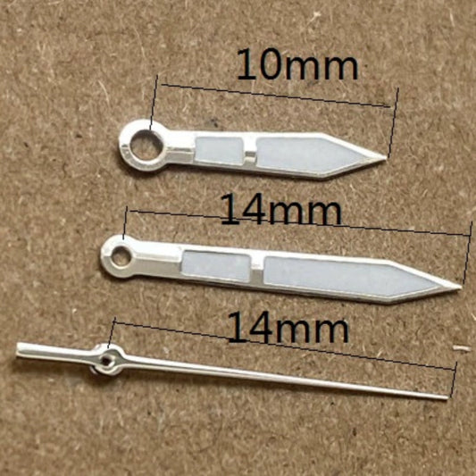 Aiguilles de montre luminescentes vertes 10 x 14 x 14 mm avec garniture argentée pour mouvement à quartz Ronda 515
