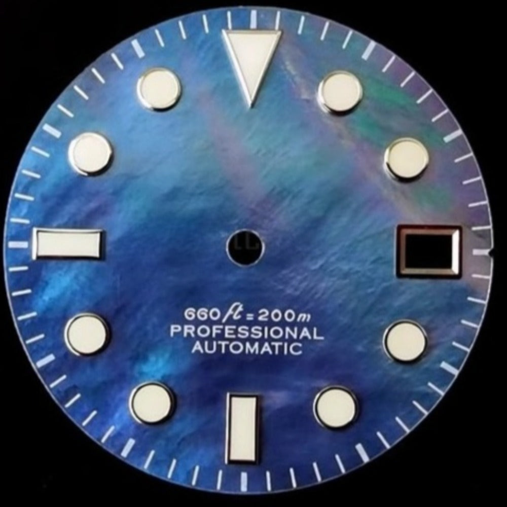 Blue Universal 28.5mm watch dial with natural seashell vein and blue lume, compatible with NH35 movements by Blue Universal.