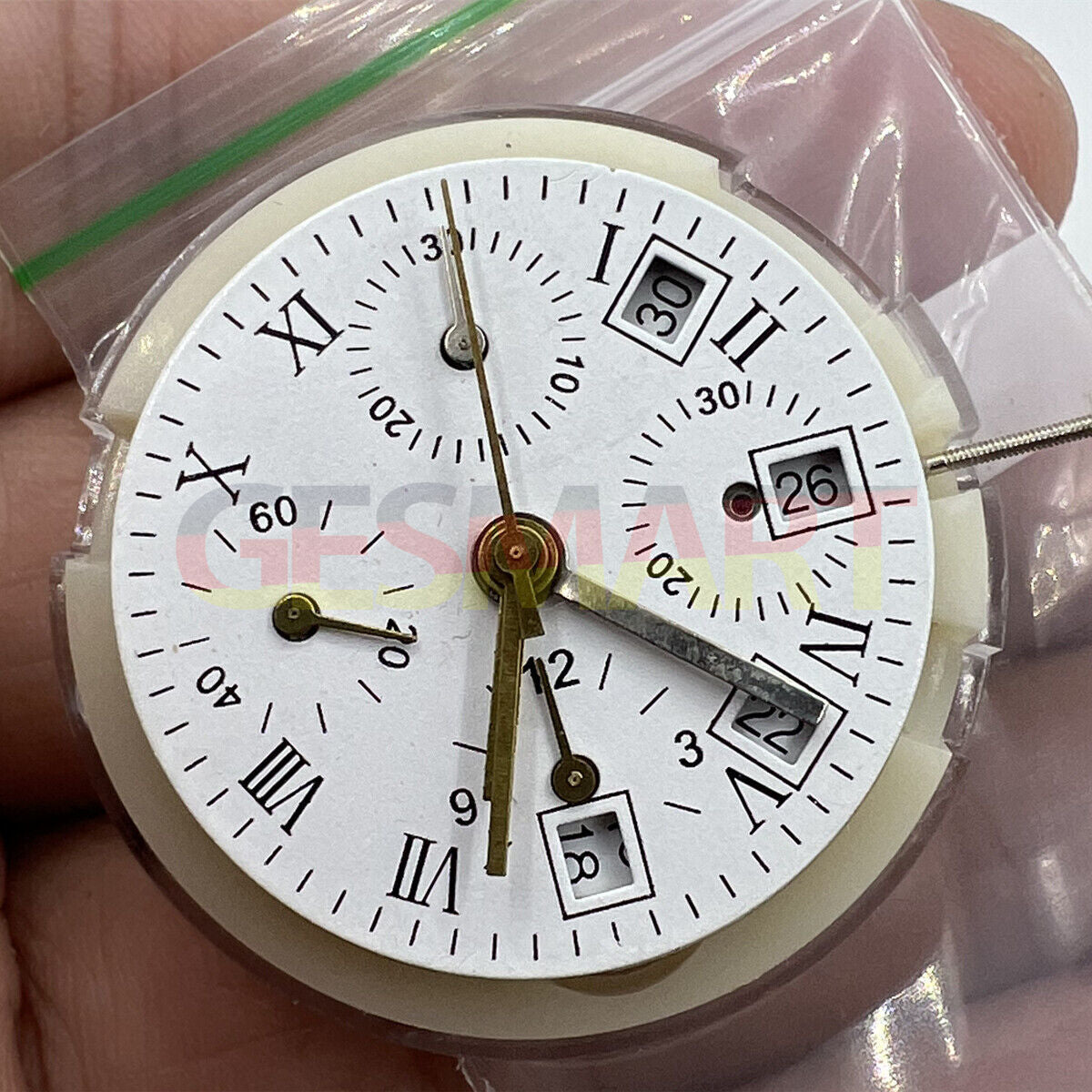 Asian 7750 automatic chronograph watch movement with single calendar, precise timing for watch repairs and upgrades.