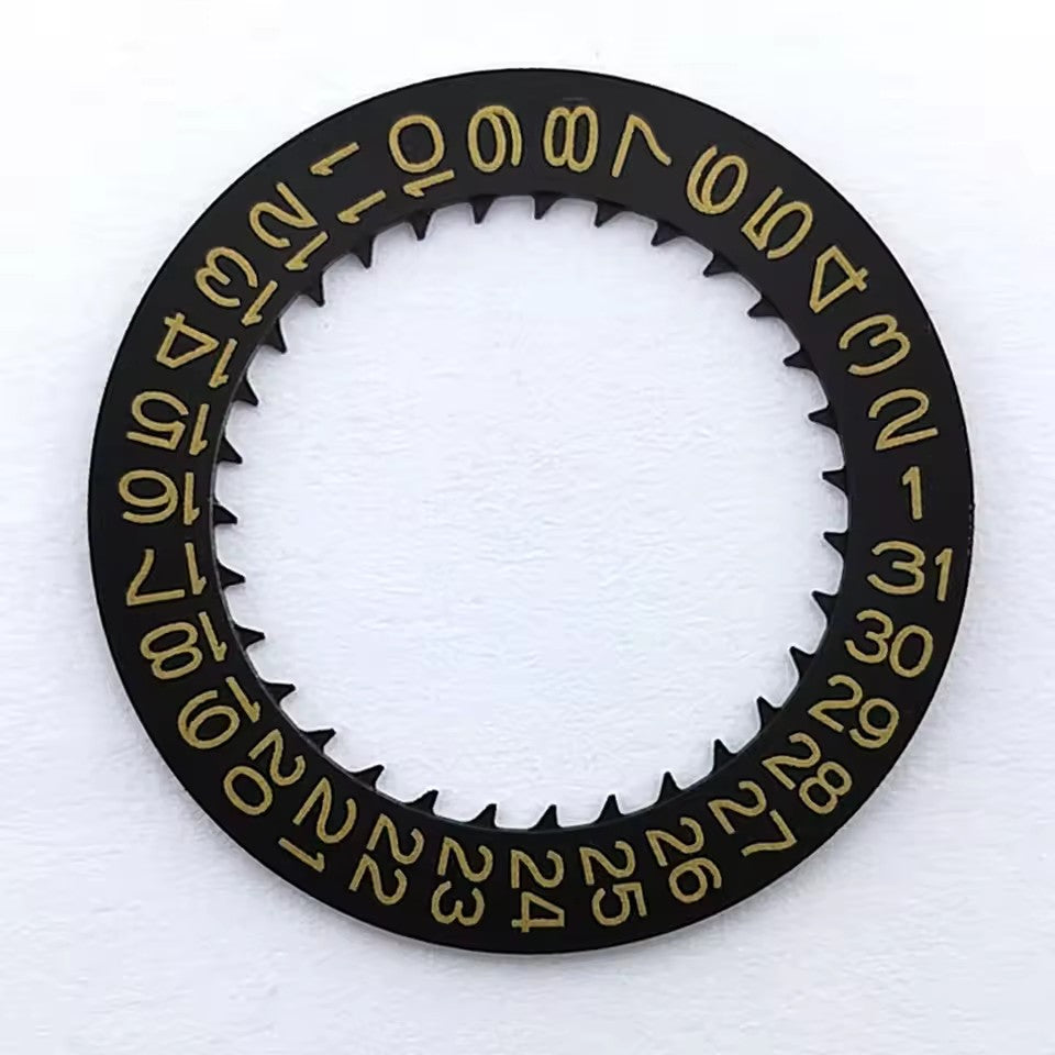 Golden font date disk with black background for NH35 NH36 watch movement, date display at 3 o'clock.