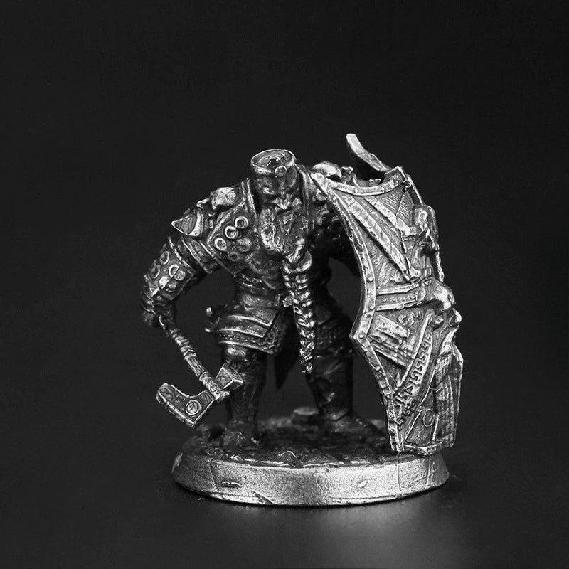 White Brass Figurine Dwarf Warrior Miniature - Braided Beard Axe and Kite Shield
