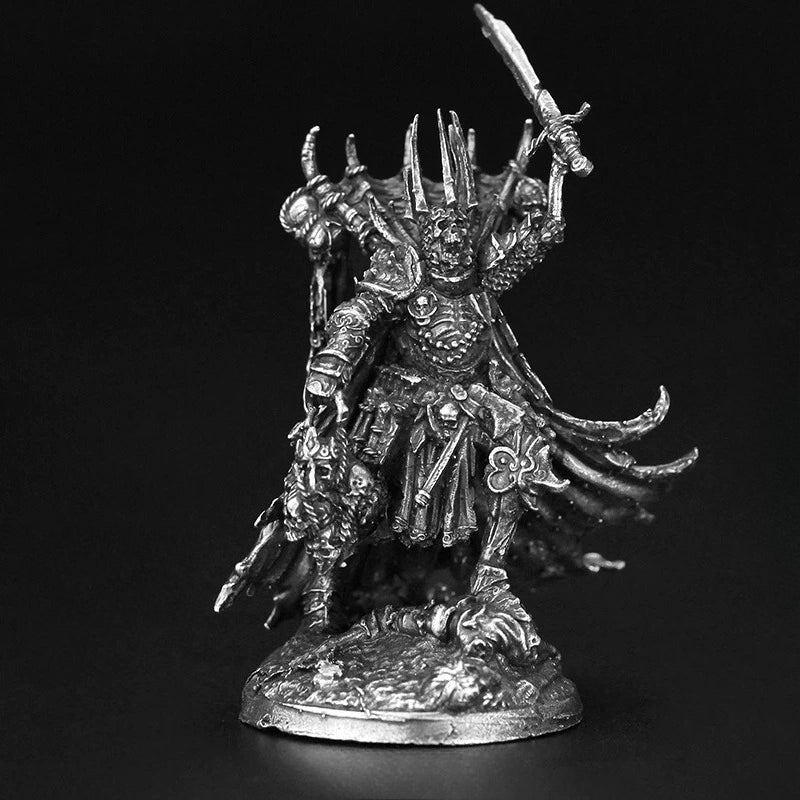 White Brass Figurine Doomsday Undead Lord Miniature - Spiked Crown Skull Staff Centerpiece