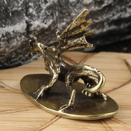 Hand-carved vintage solid copper Pterosaur dragon trinket, collectible bronze figurine.