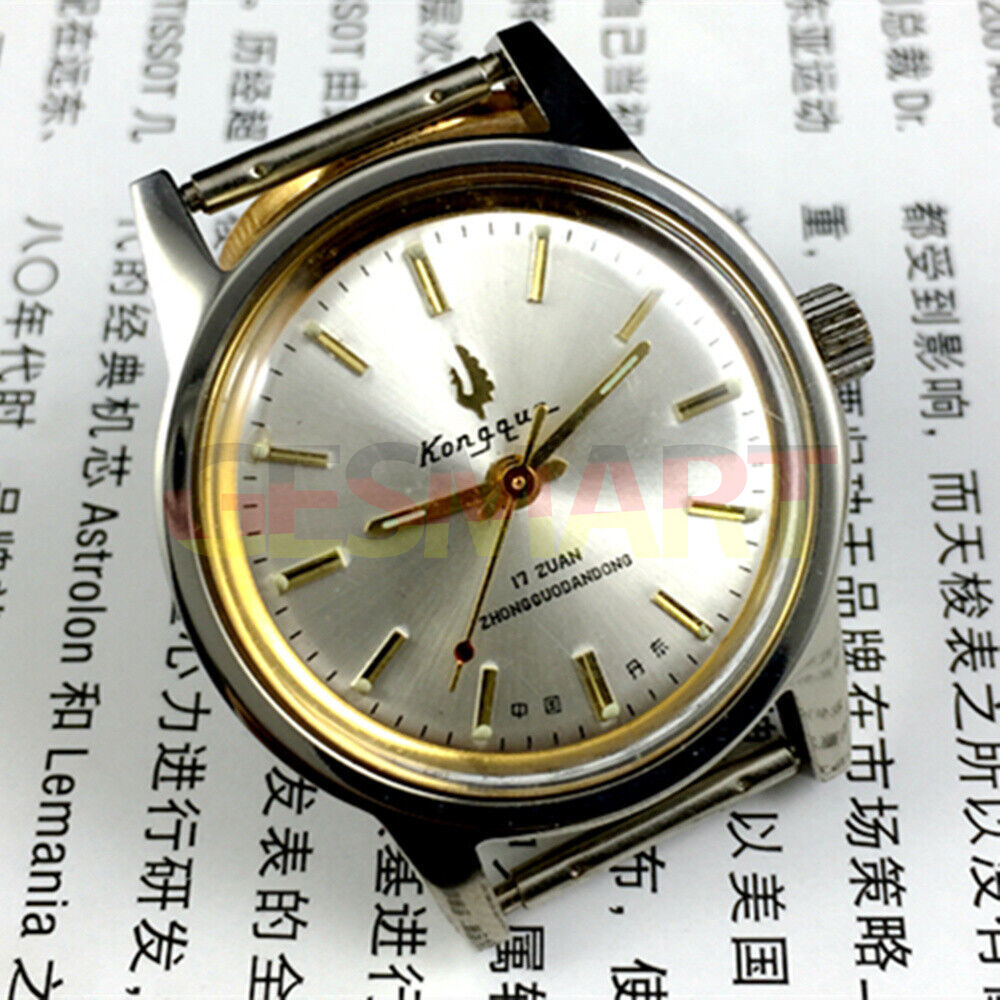 33mm Dandong manual mechanical watch with silver dial, golden markers, and 17 jewels for precision.
