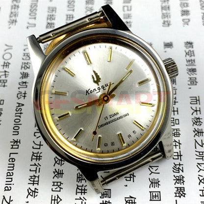 33mm Dandong manual mechanical watch with silver dial, golden markers, and 17 jewels for precision.