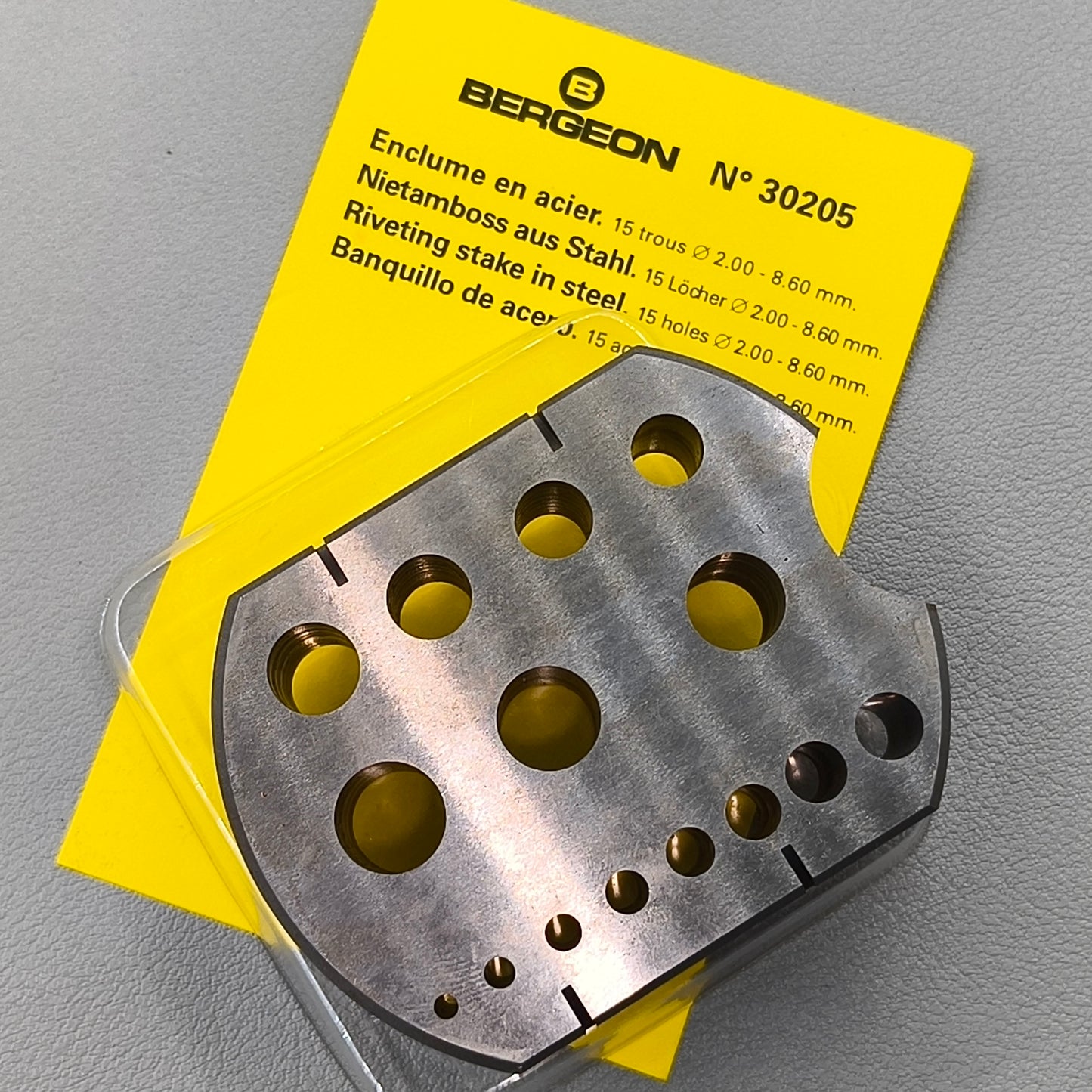 Swiss Bergeon 30205 Riveting Stakes in Hardened Steel 15 holes ∅ 2.00 - 8.60 mm