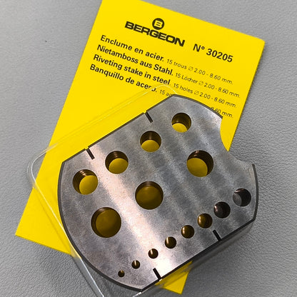 Swiss Bergeon 30205 Riveting Stakes in Hardened Steel 15 holes ∅ 2.00 - 8.60 mm