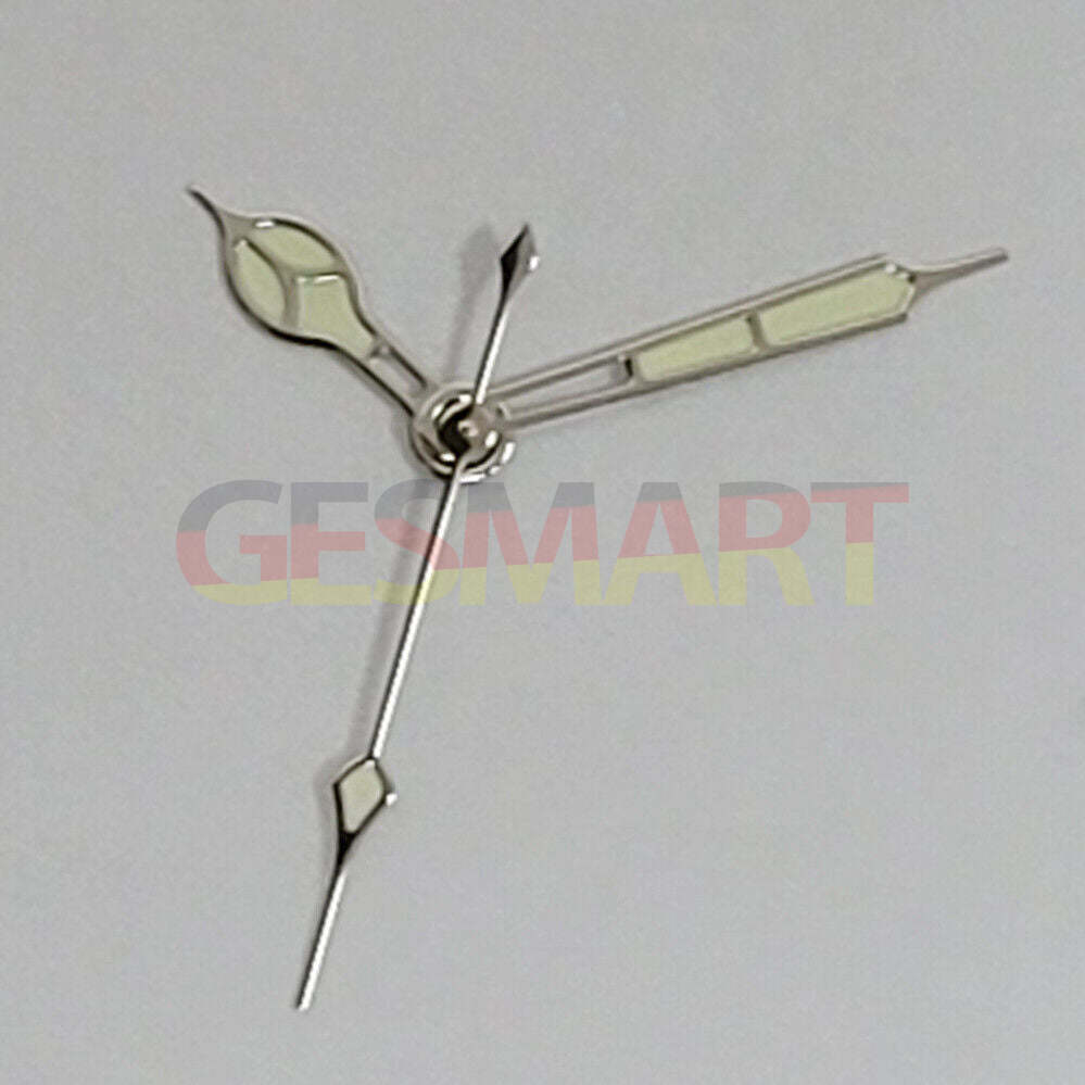 Green luminous watch hands with black and gold trim compatible with NH35, NH36, 4R, 7S movements.