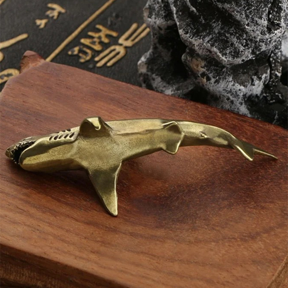 Hand carved vintage solid copper shark figurine, collectible bronze decor for display.