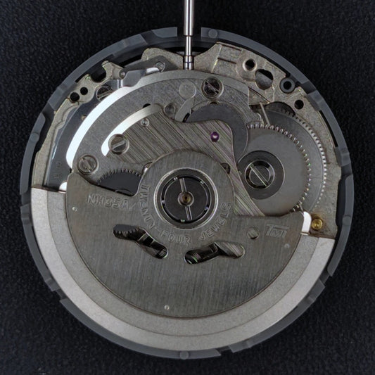 Genuine Japan NH35 watch movement with black Arabic date wheel, 24 jewels for high accuracy craftsmanship.
