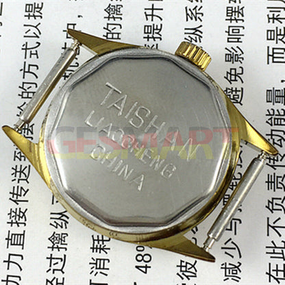 TAISHAN mechanical ladies watch with 19 jewels, yellow-grey dial, and round golden case for elegant style.
