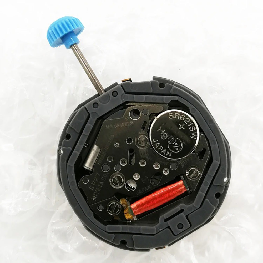 Japan 6 hands quartz watch movement for Miyota 6P27 with battery, ideal for watch repairs.