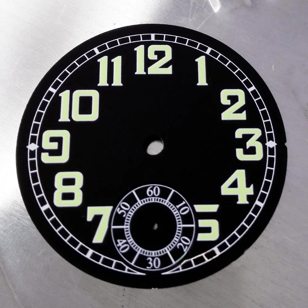35mm black dial B-Uhr watch with Unitas ETA 6497 ST movement, sleek design for precise timekeeping.
