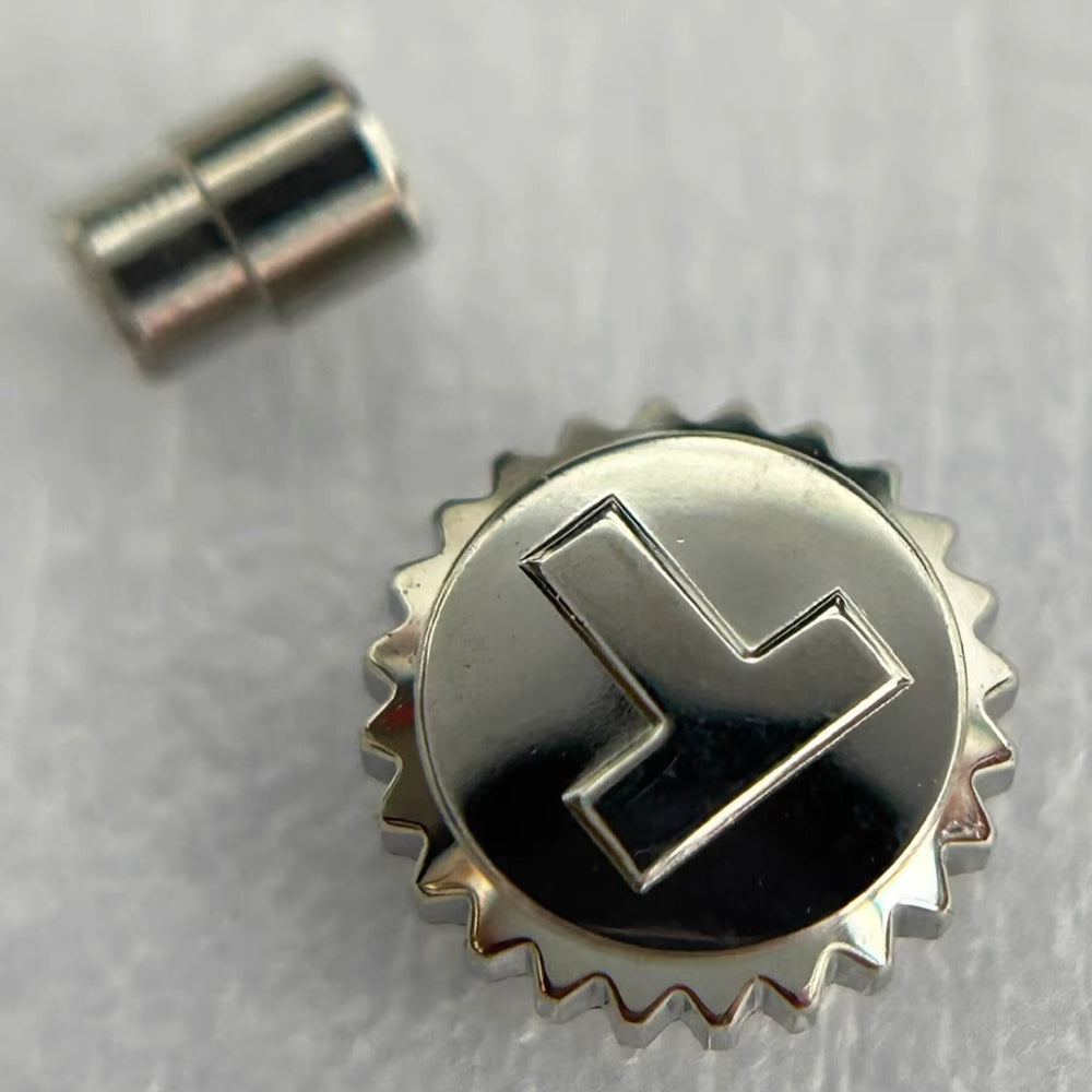 Steel silver watch crown for Tissot T099405, durable replacement part for precise watch repair.