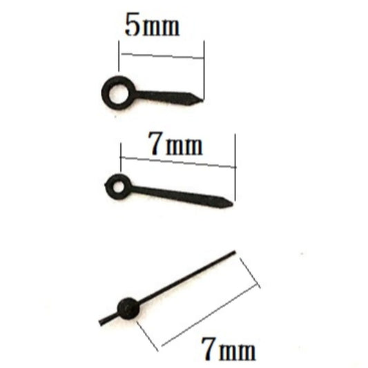 7X7X5mm black painted watch hands by Miyota for 2035 quartz movement, precise replacement accessory.