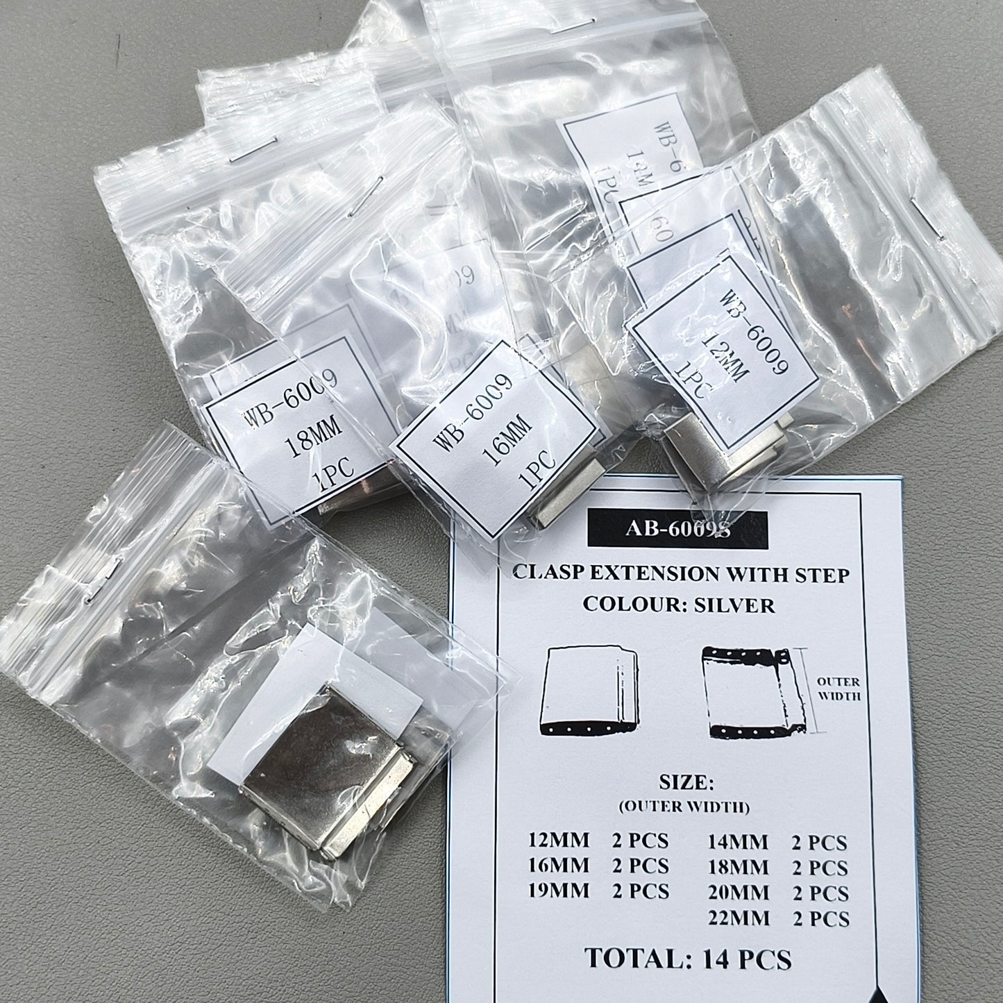 7 Sizes 14pcs Silver Solid 316 Stainless Steel Clasp Extension with Step Watch Buckles