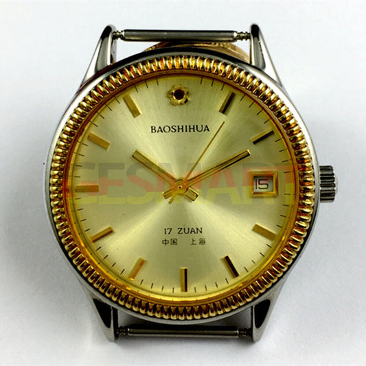 37mm Shanghai watch with golden nail markers, golden dial, round case, manual mechanical movement.