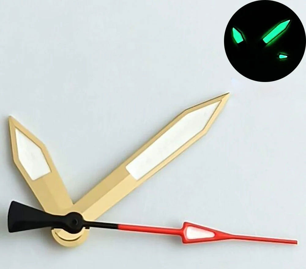 Golden trim green lume watch hands for NH35 NH36 7S26 4R35 4R36 NH70 NH72 movement upgrades.