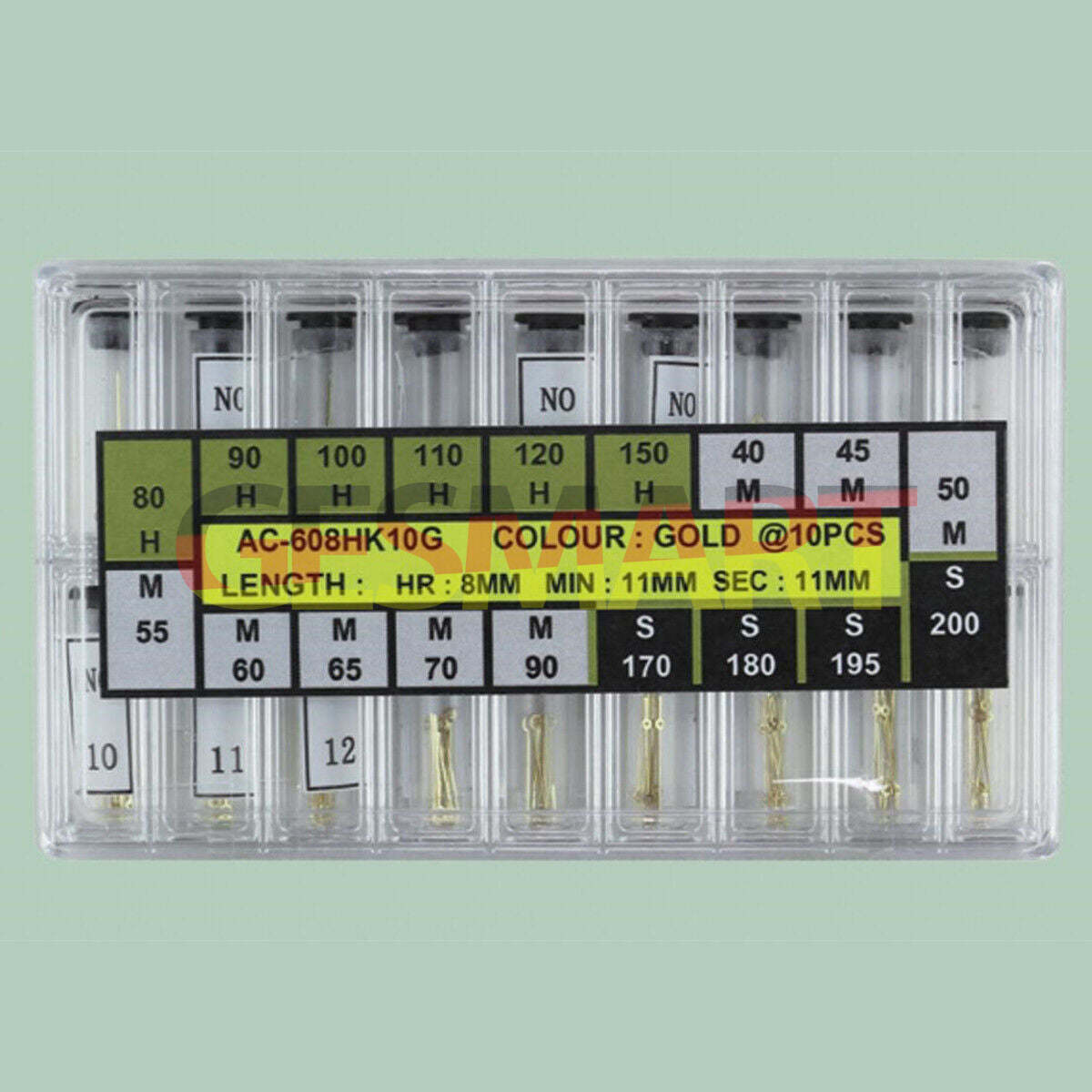 Golden watch hands set with hour, minute, second pieces for 18 sizes, perfect for repairs and customization.