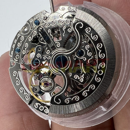 Skeleton automatic mechanical watch movement TY2807 by China Made, precision gear details for T16 replacement.