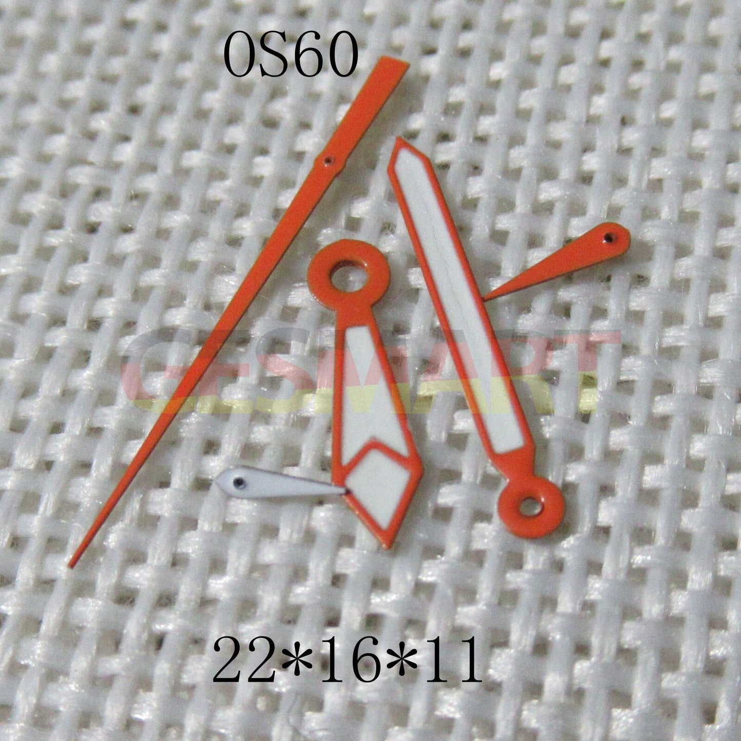 Orange-trimmed green lume watch hands compatible with Miyota OS60 movement, precise and luminous.