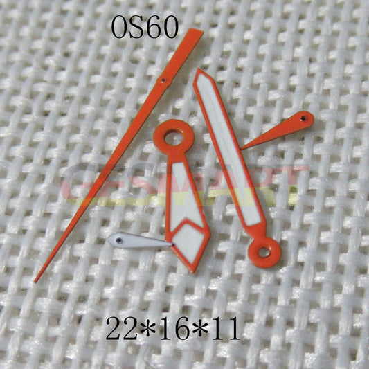 Orange-trimmed green lume watch hands compatible with Miyota OS60 movement, precise and luminous.