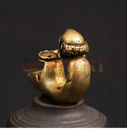 Hand-carved solid copper Dharma agarwood furnace figurine, detailed bronze trinket for watch accessory display.