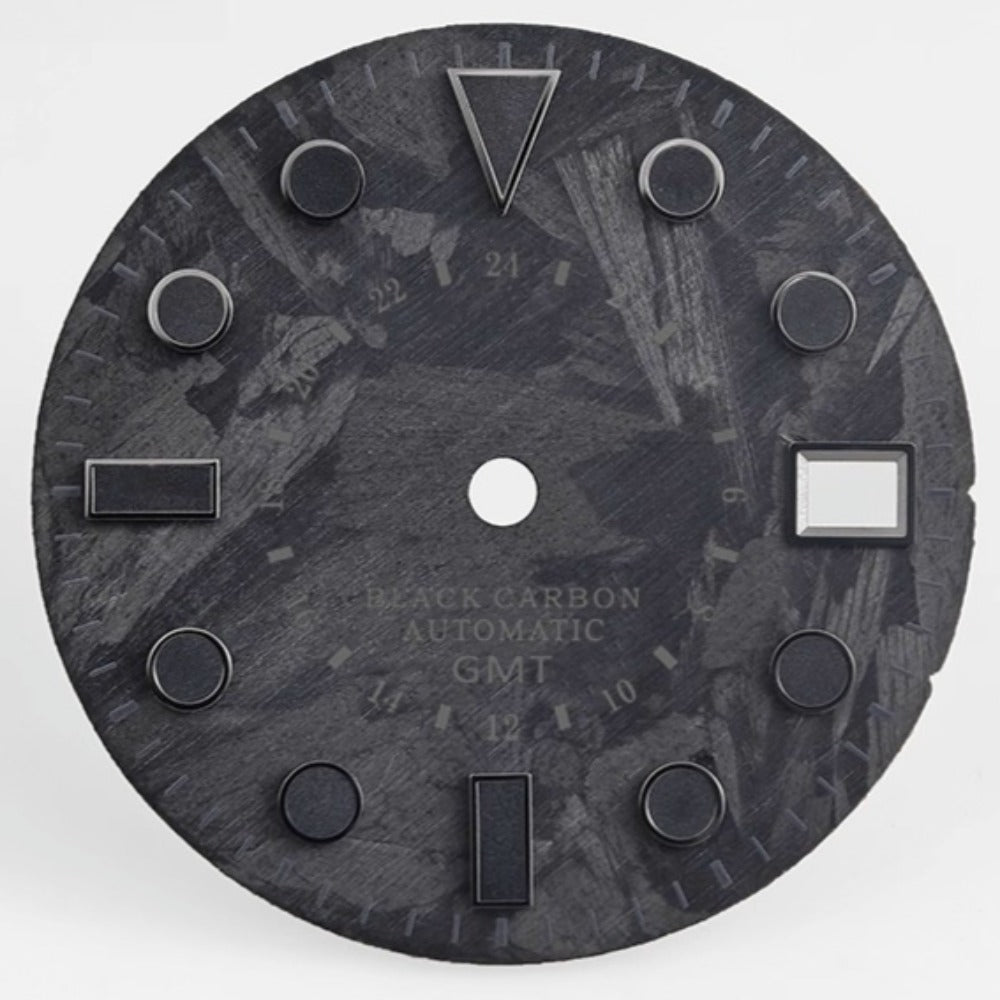 Triangle Nail Grey font GMT watch dial 28.5mm with lume, carbon fiber texture for NH34/35 movements.