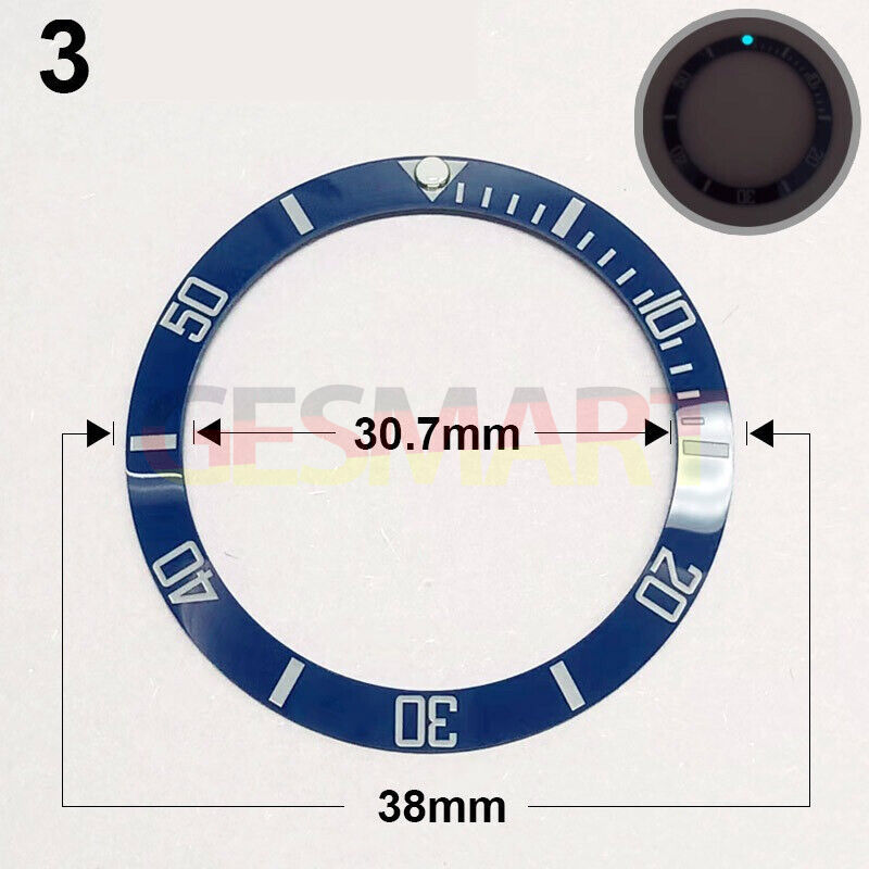 38mm Ceramic blue bezel with silver font and green luminous accents for watch repair - Brand Name.